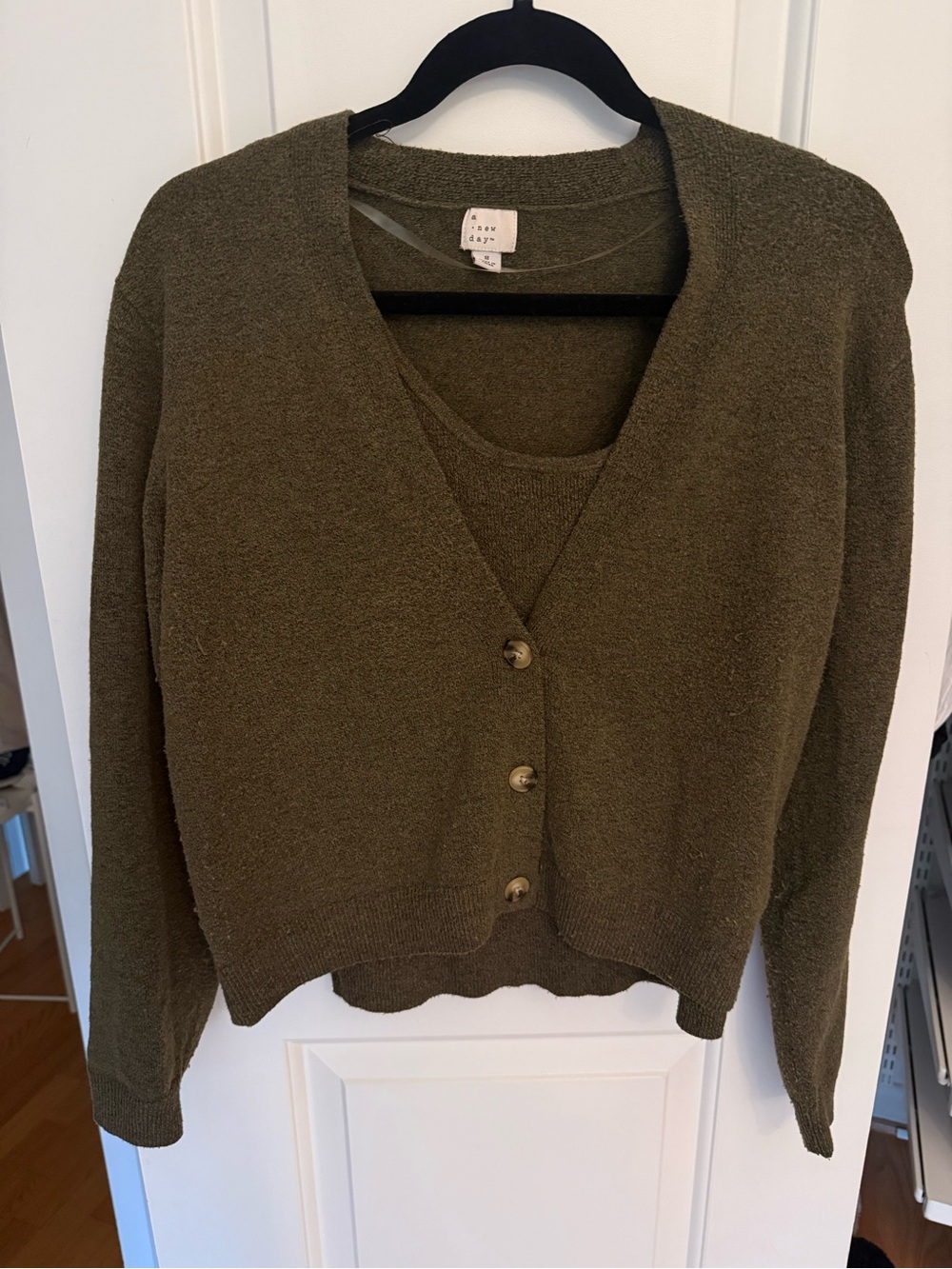 Olive Green Women's Button-Front Sweater with matching Tank Top